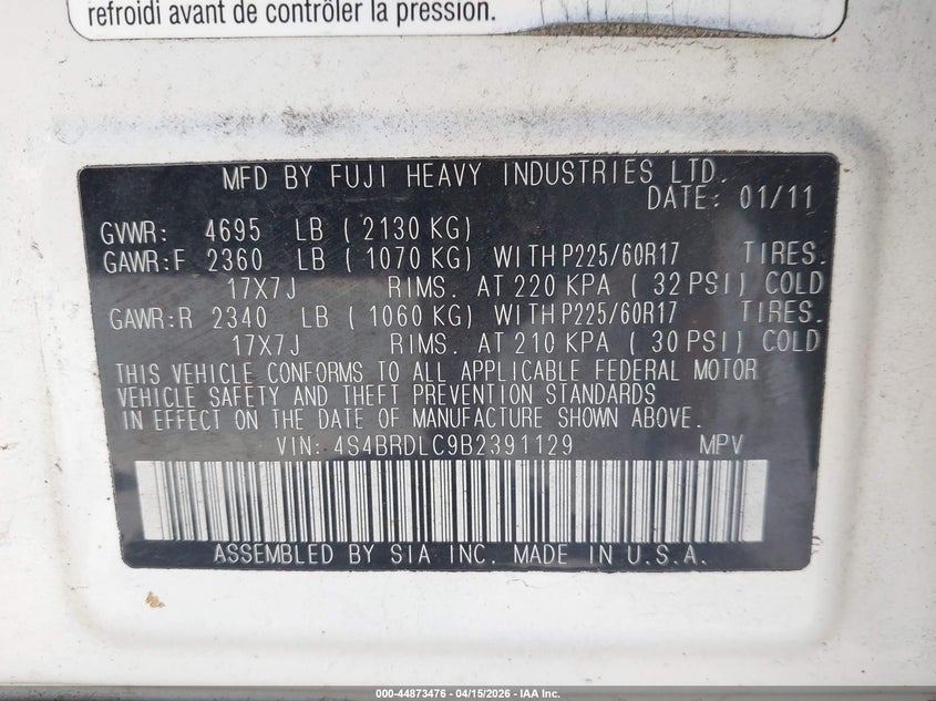 2011 Subaru Outback 3.6R Limited VIN: 4S4BRDLC9B2391129 Lot: 44873476