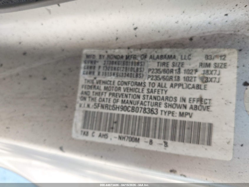 2012 Honda Odyssey Touring/Touring Elite VIN: 5FNRL5H90CB078363 Lot: 44873486