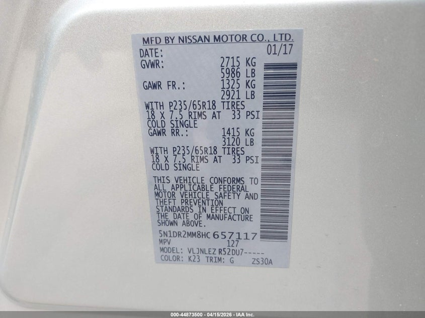 2017 Nissan Pathfinder Sv VIN: 5N1DR2MM8HC657117 Lot: 44873500