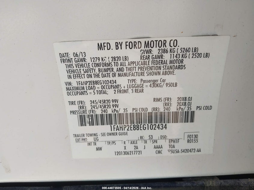 2014 Ford Taurus Sel VIN: 1FAHP2E88EG102434 Lot: 44873505