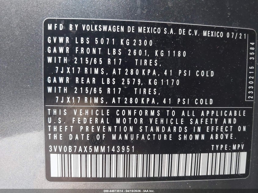2021 Volkswagen Tiguan 2.0T S VIN: 3VV0B7AX5MM143951 Lot: 44873514