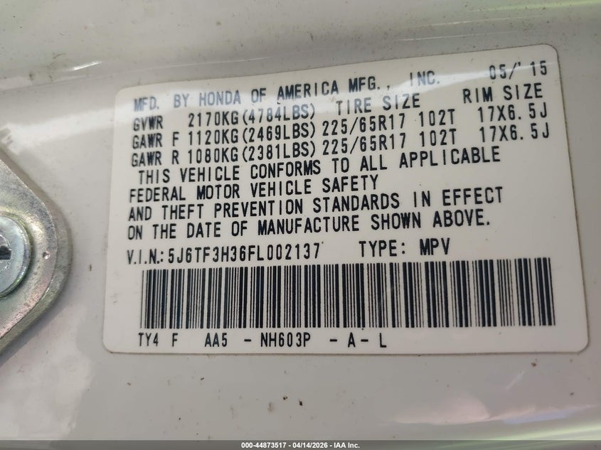 2015 Honda Crosstour Ex VIN: 5J6TF3H36FL002137 Lot: 44873517