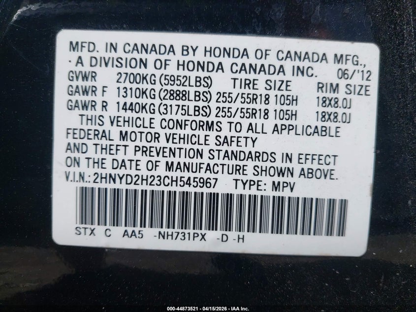 2012 Acura Mdx VIN: 2HNYD2H23CH545967 Lot: 44873521