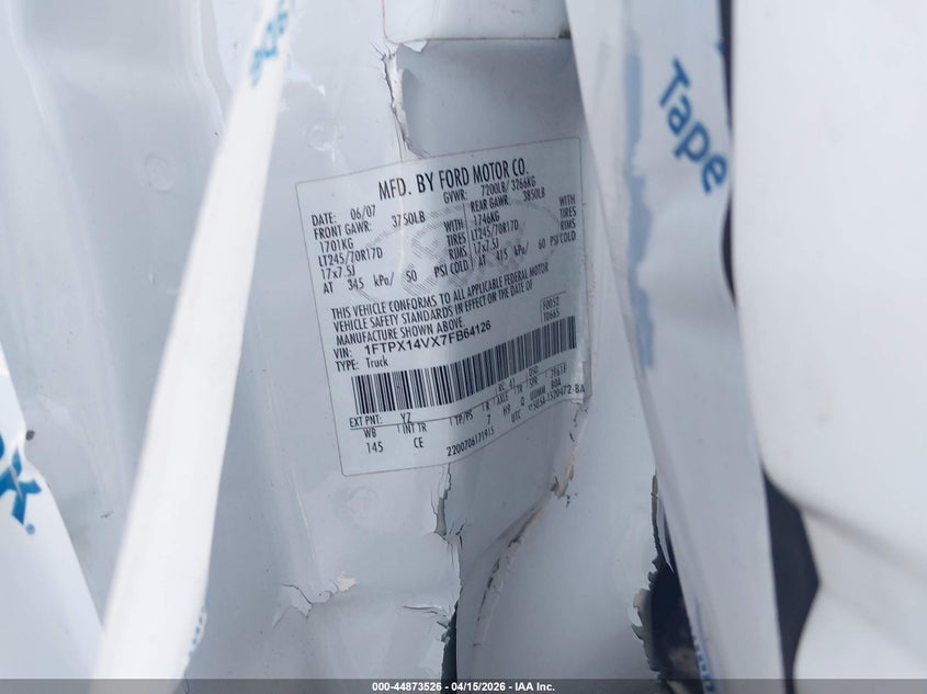 2007 Ford F-150 Fx4/Lariat/Xl/Xlt VIN: 1FTPX14VX7FB64126 Lot: 44873526