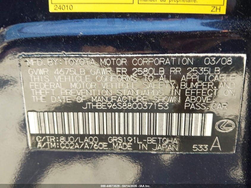 2008 Lexus Gs 350 VIN: JTHBE96S880037153 Lot: 44873529