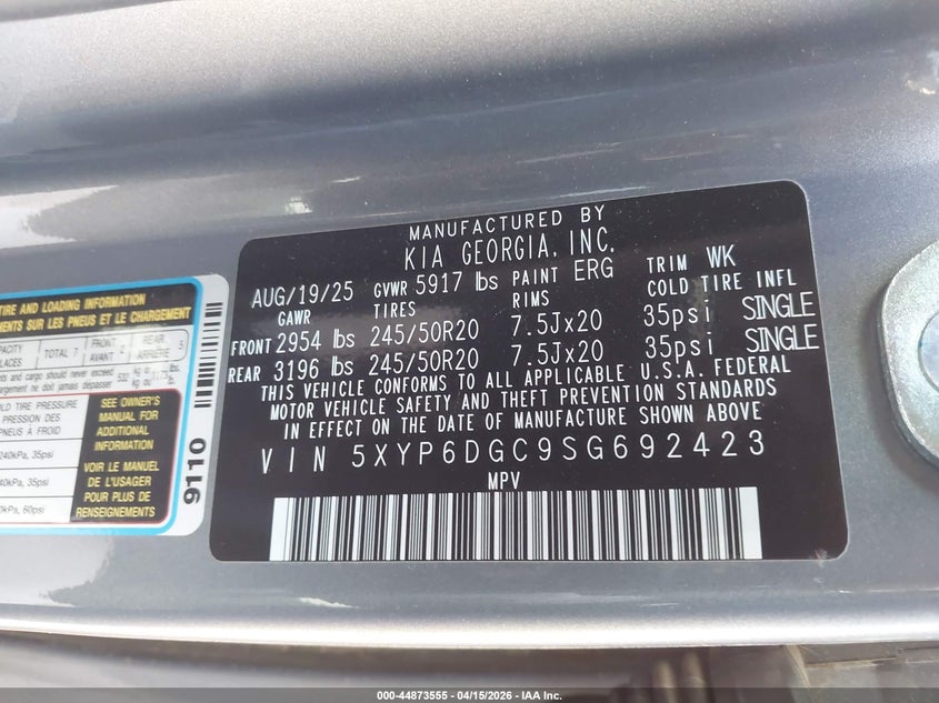 2025 Kia Telluride S VIN: 5XYP6DGC9SG692423 Lot: 44873555