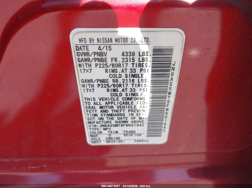 2015 Nissan Rogue Select S VIN: JN8AS5MT9FW661942 Lot: 44873557