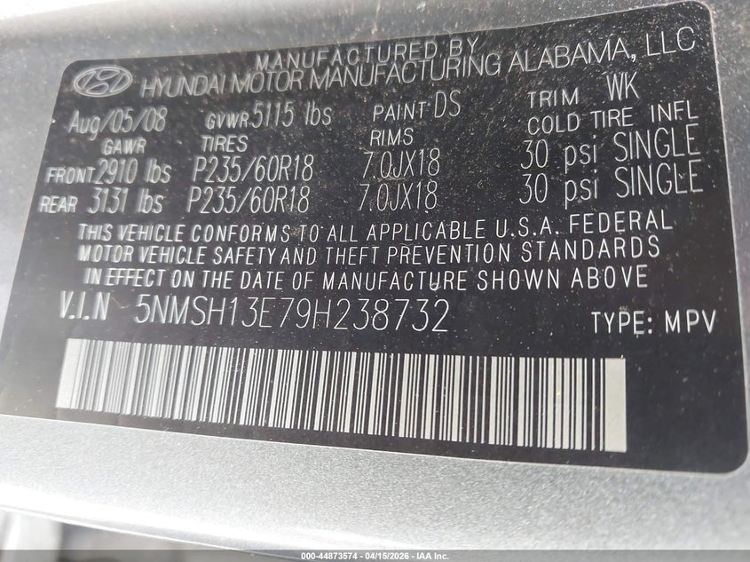 2009 Hyundai Santa Fe Limited VIN: 5NMSH13E79H238732 Lot: 44873574