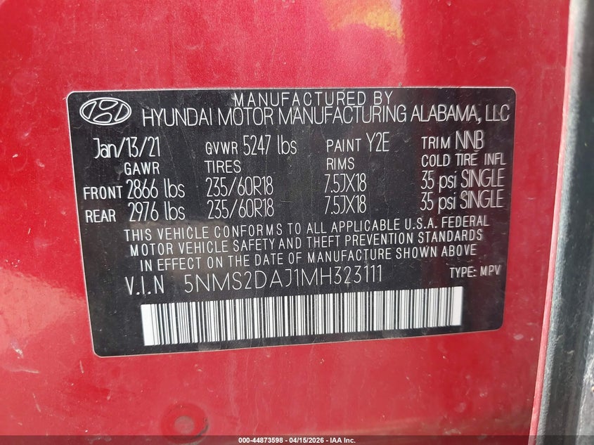 2021 Hyundai Santa Fe Sel VIN: 5NMS2DAJ1MH323111 Lot: 44873598