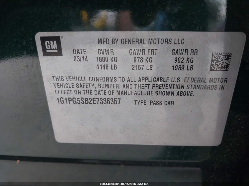 2014 Chevrolet Cruze Ltz VIN: 1G1PG5SB2E7336357 Lot: 44873602