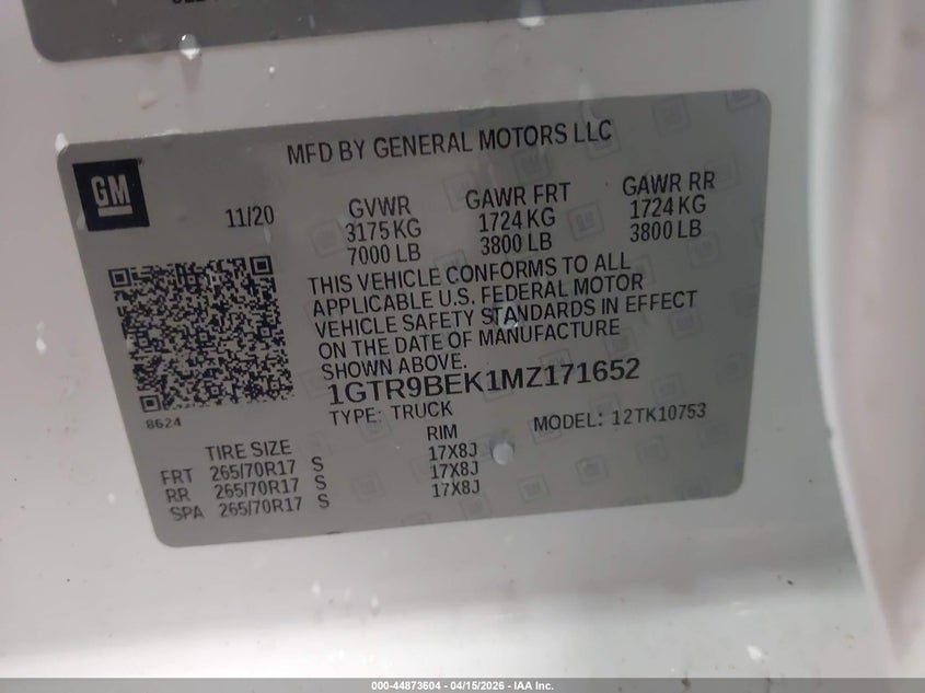 2021 GMC Sierra 1500 4Wd Standard Box Sle VIN: 1GTR9BEK1MZ171652 Lot: 44873604