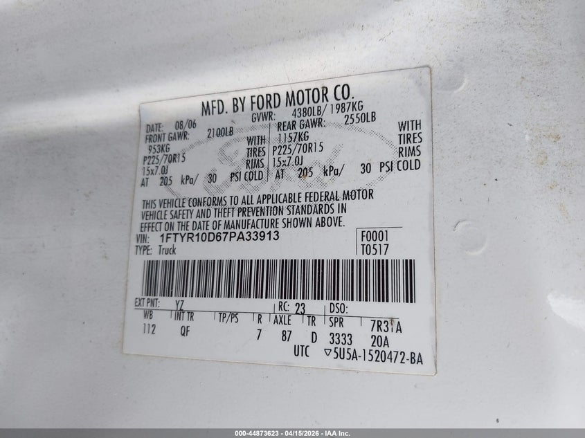 2007 Ford Ranger Stx/Xl/Xlt VIN: 1FTYR10D67PA33913 Lot: 44873623