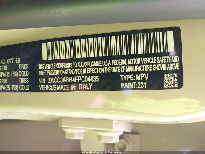 2015 Jeep Renegade Latitude VIN: ZACCJABH4FPC04435 Lot: 44873626