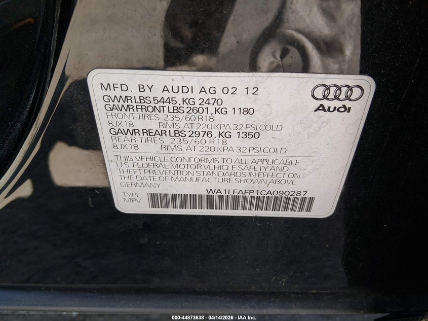 2012 Audi Q5 2.0T Premium VIN: WA1LFAFP1CA090287 Lot: 44873638