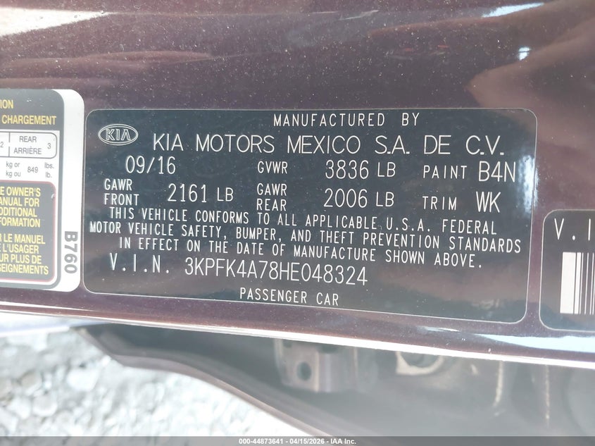 2017 Kia Forte Lx VIN: 3KPFK4A78HE048324 Lot: 44873641