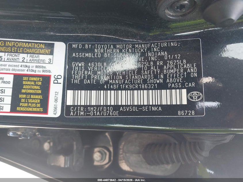 2012 Toyota Camry Le VIN: 4T4BF1FK9CR186321 Lot: 44873642