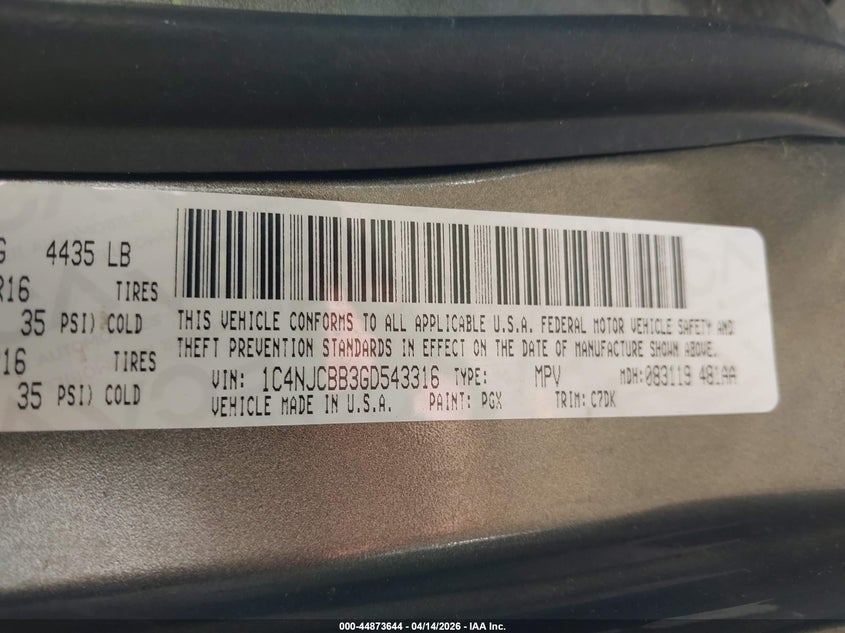 2016 Jeep Compass Sport VIN: 1C4NJCBB3GD543316 Lot: 44873644