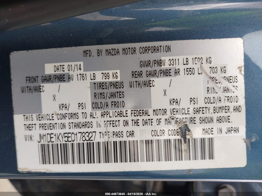 2014 Mazda Mazda2 Sport VIN: JM1DE1KY5E0178327 Lot: 44873648