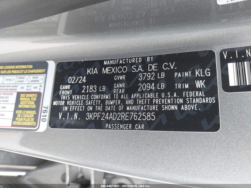 2024 Kia Forte Lxs VIN: 3KPF24AD2RE762585 Lot: 44873651