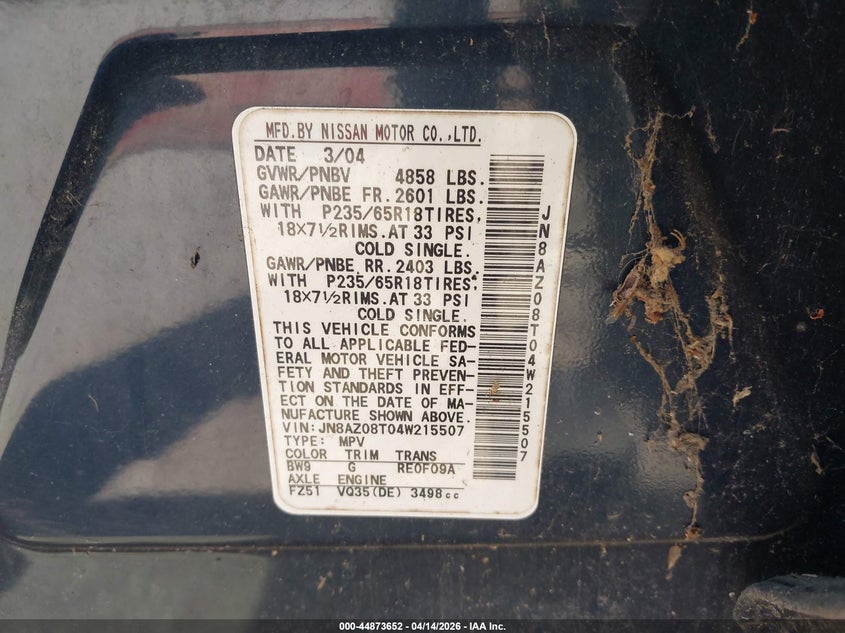 2004 Nissan Murano Sl VIN: JN8AZ08T04W215507 Lot: 44873652