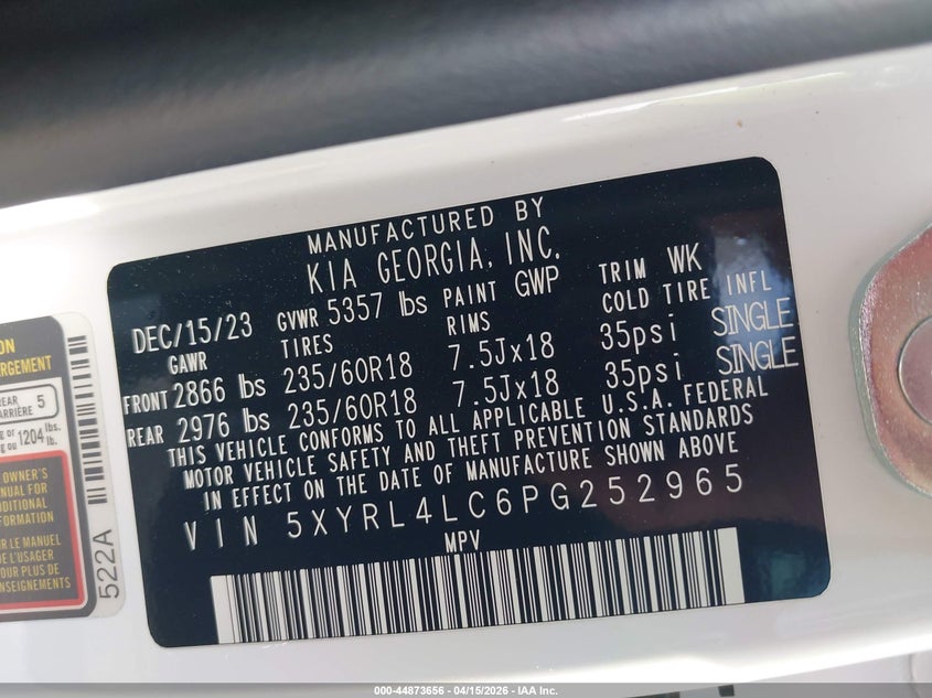 2023 Kia Sorento S VIN: 5XYRL4LC6PG252965 Lot: 44873656