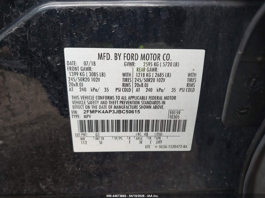 2018 Ford Edge 2.7 Sport black Lot 111044873660 Vin 2FMPK4AP3JBC50615