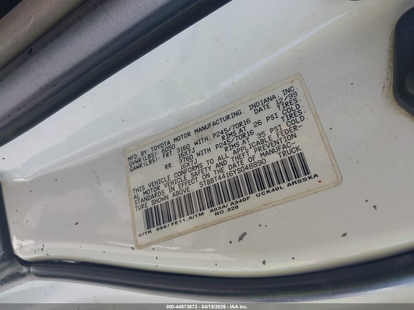 2000 Toyota Tundra Sr5 V8 VIN: 5TBBT4416YS048890 Lot: 44873673