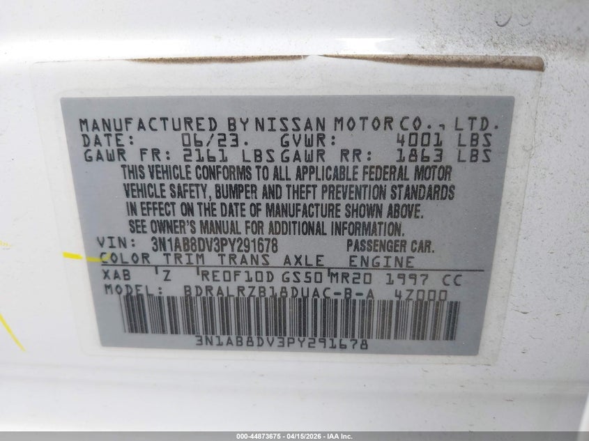 2023 Nissan Sentra Sr Xtronic Cvt VIN: 3N1AB8DV3PY291678 Lot: 44873675