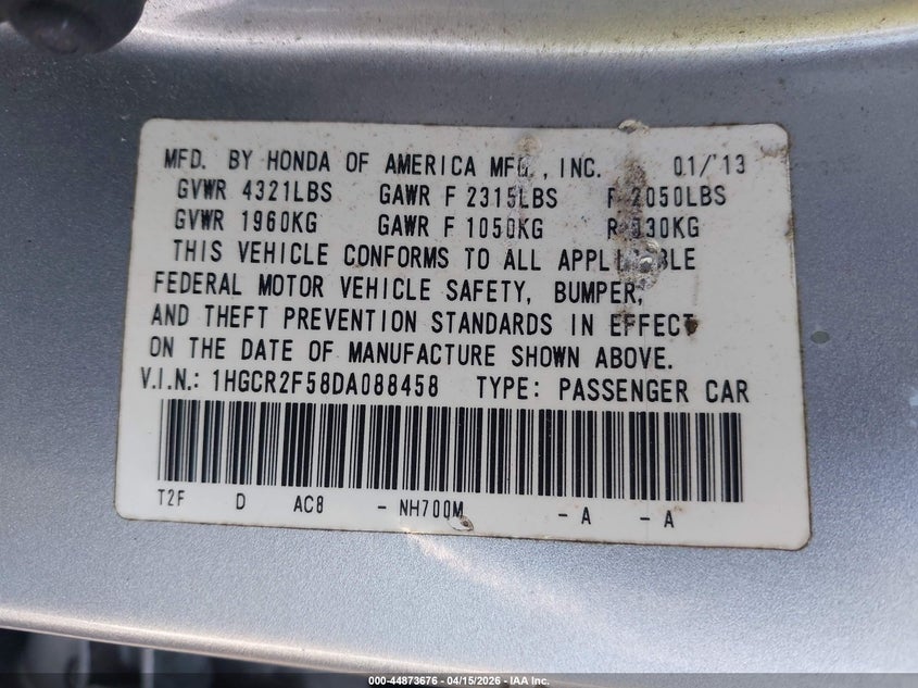 2013 Honda Accord Sport VIN: 1HGCR2F58DA088458 Lot: 44873676