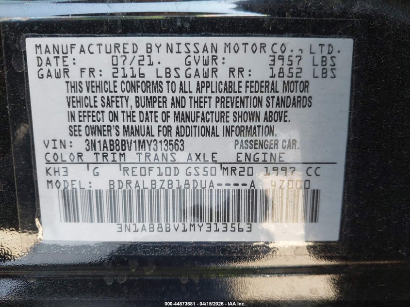 2021 Nissan Sentra S Xtronic Cvt VIN: 3N1AB8BV1MY313563 Lot: 44873681