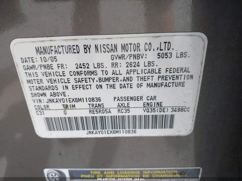 2006 Infiniti M35 VIN: JNKAY01EX6M110836 Lot: 44873708