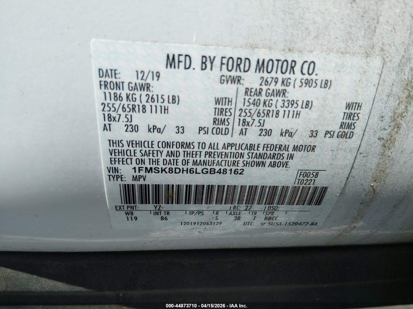 2020 Ford Explorer Xlt VIN: 1FMSK8DH6LGB48162 Lot: 44873710