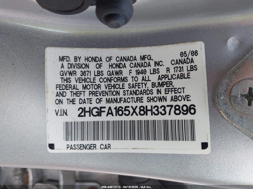 2008 Honda Civic Lx VIN: 2HGFA165X8H337896 Lot: 44873713