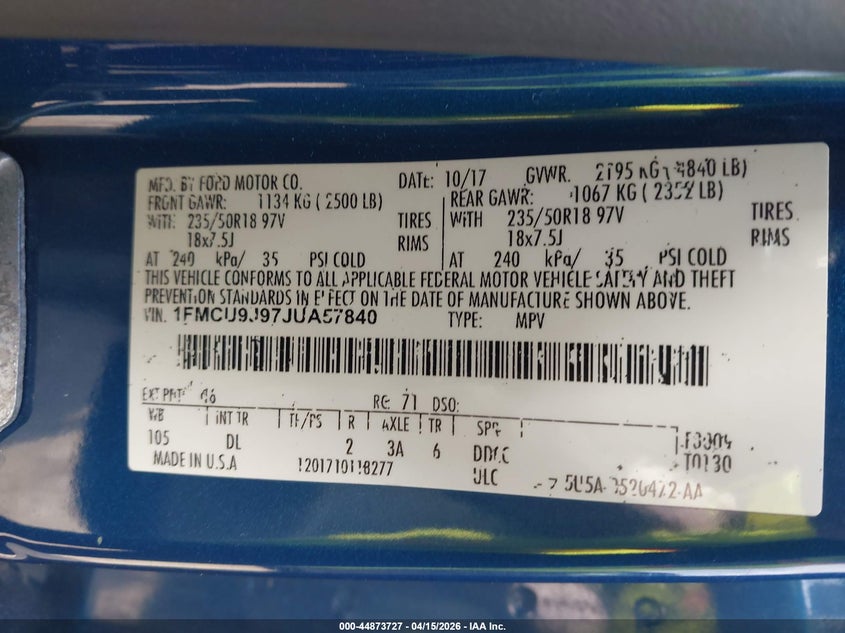 2018 Ford Escape Titanium VIN: 1FMCU9J97JUA57840 Lot: 44873727