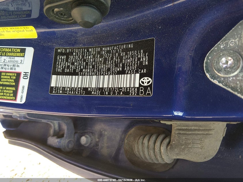 2014 Toyota Corolla S Plus VIN: 5YFBURHEXEP049527 Lot: 44873748