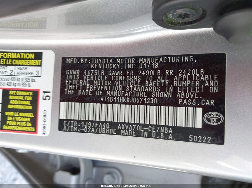 2018 Toyota Camry Le VIN: 4T1B11HKXJU571230 Lot: 44873750