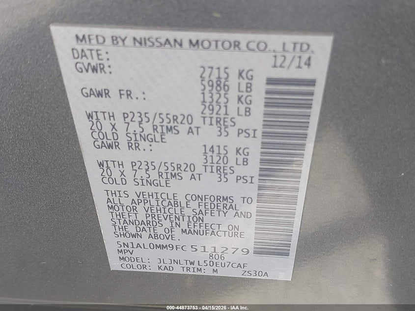 2015 Infiniti Qx60 VIN: 5N1AL0MM9FC511279 Lot: 44873753