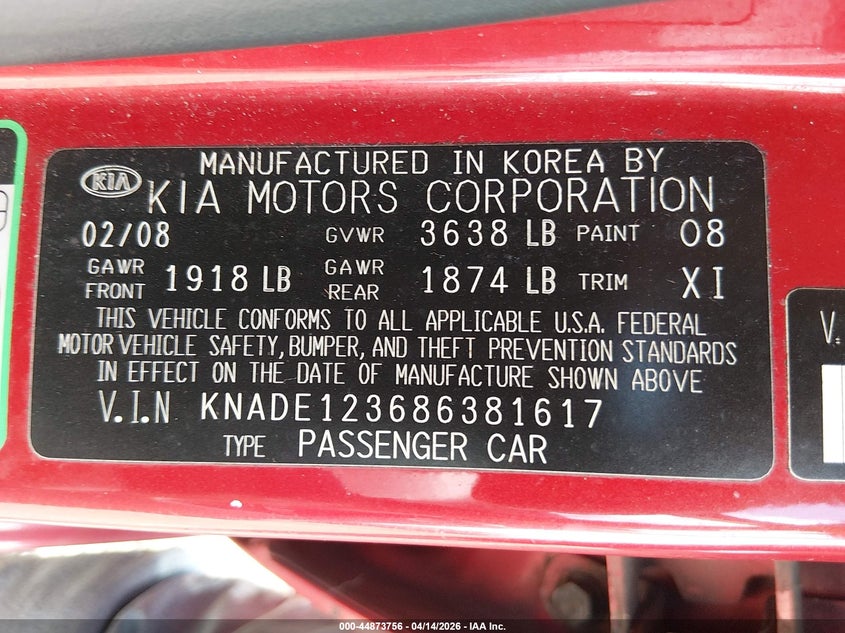 2008 Kia Rio Lx VIN: KNADE123686381617 Lot: 44873756