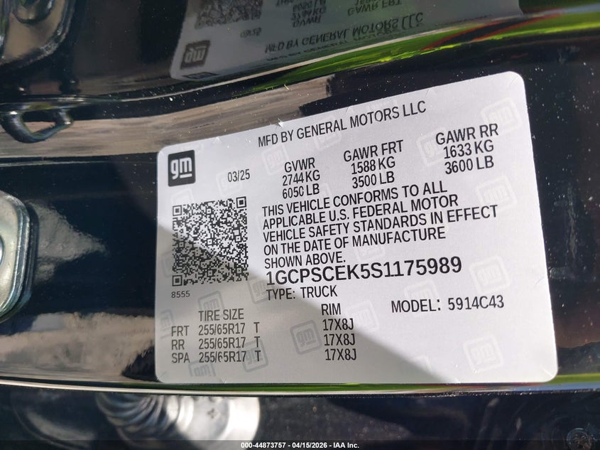 2025 Chevrolet Colorado 2Wd Lt VIN: 1GCPSCEK5S1175989 Lot: 44873757