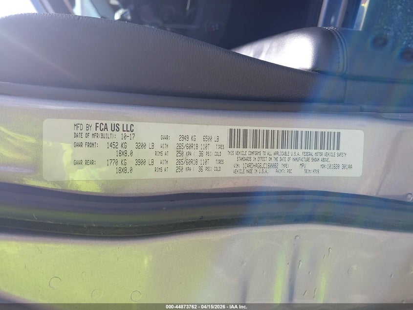 2018 Dodge Durango Sxt Rwd VIN: 1C4RDHAG6JC160082 Lot: 44873762