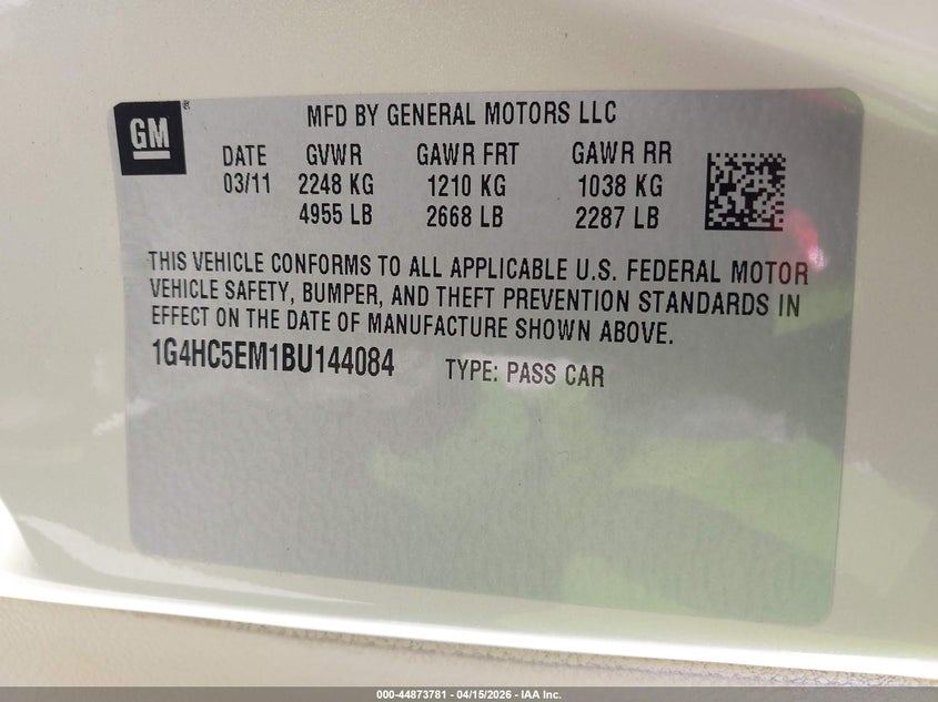 2011 Buick Lucerne Cxl VIN: 1G4HC5EM1BU144084 Lot: 44873781