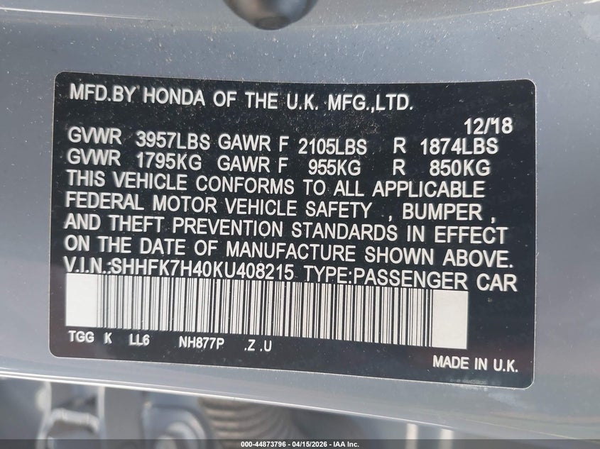 2019 Honda Civic Sport VIN: SHHFK7H40KU408215 Lot: 44873796