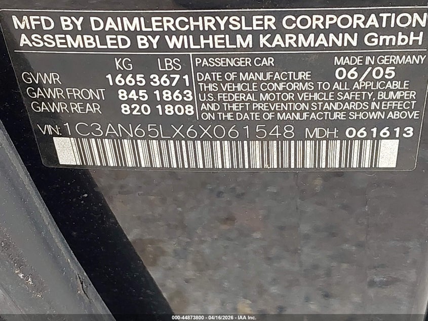 2006 Chrysler Crossfire Limited VIN: 1C3AN65LX6X061548 Lot: 44873800