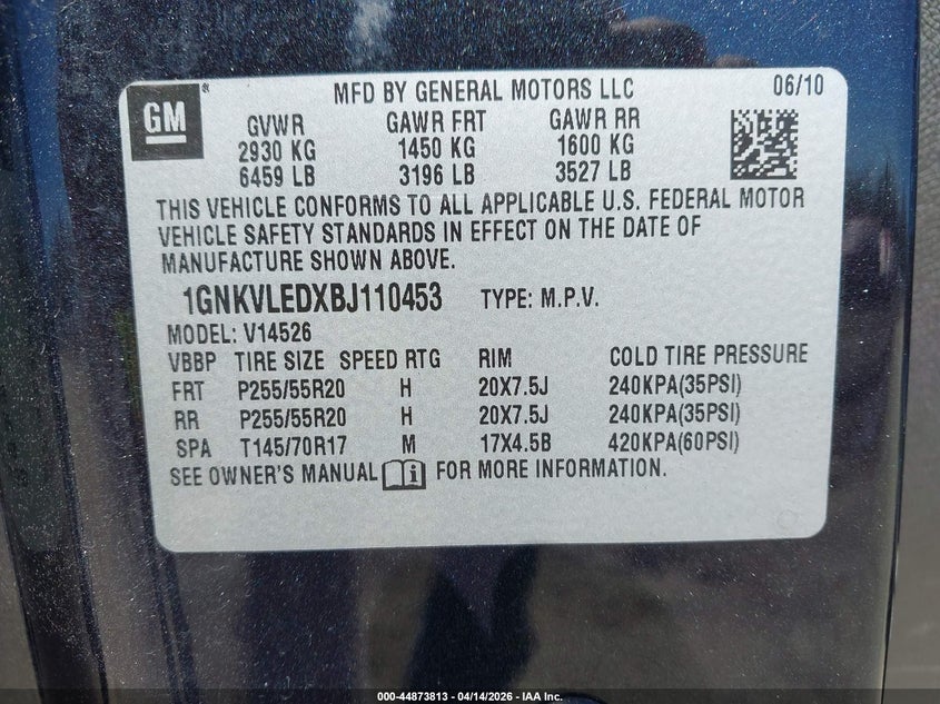 2011 Chevrolet Traverse Ltz VIN: 1GNKVLEDXBJ110453 Lot: 44873813