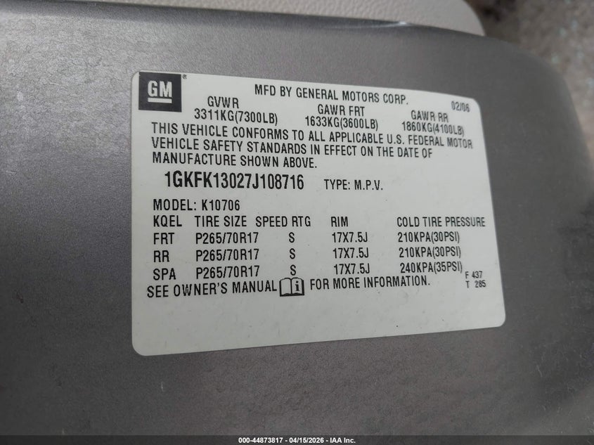 2007 GMC Yukon Slt VIN: 1GKFK13027J108716 Lot: 44873817
