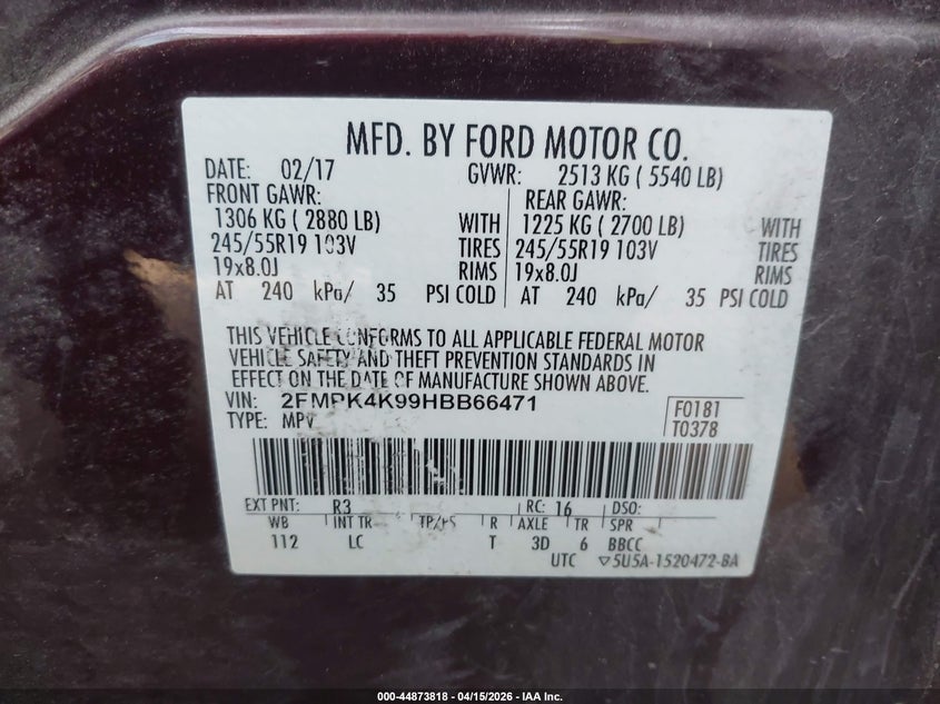 2017 Ford Edge Titanium VIN: 2FMPK4K99HBB66471 Lot: 44873818