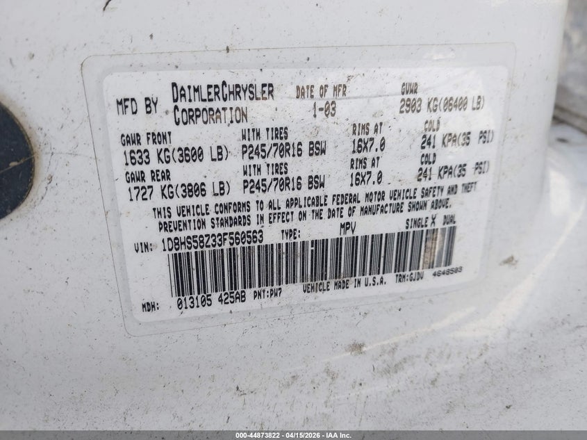 2003 Dodge Durango Slt Plus VIN: 1D8HS58Z33F560563 Lot: 44873822