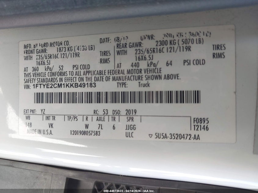 2019 Ford 3.7 Transit-150 white Lot 111044873823 Vin 1FTYE2CM1KKB49183