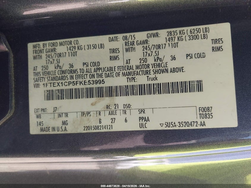 2015 Ford F-150 Xlt VIN: 1FTEX1CP5FKE53995 Lot: 44873828