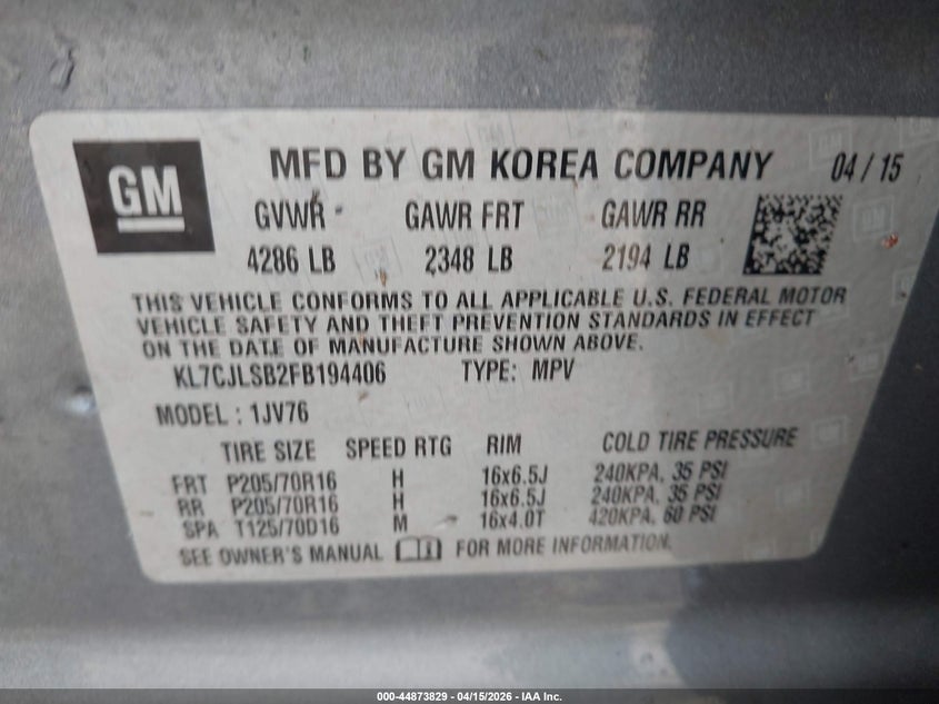 2015 Chevrolet Trax Lt VIN: KL7CJLSB2FB194406 Lot: 44873829